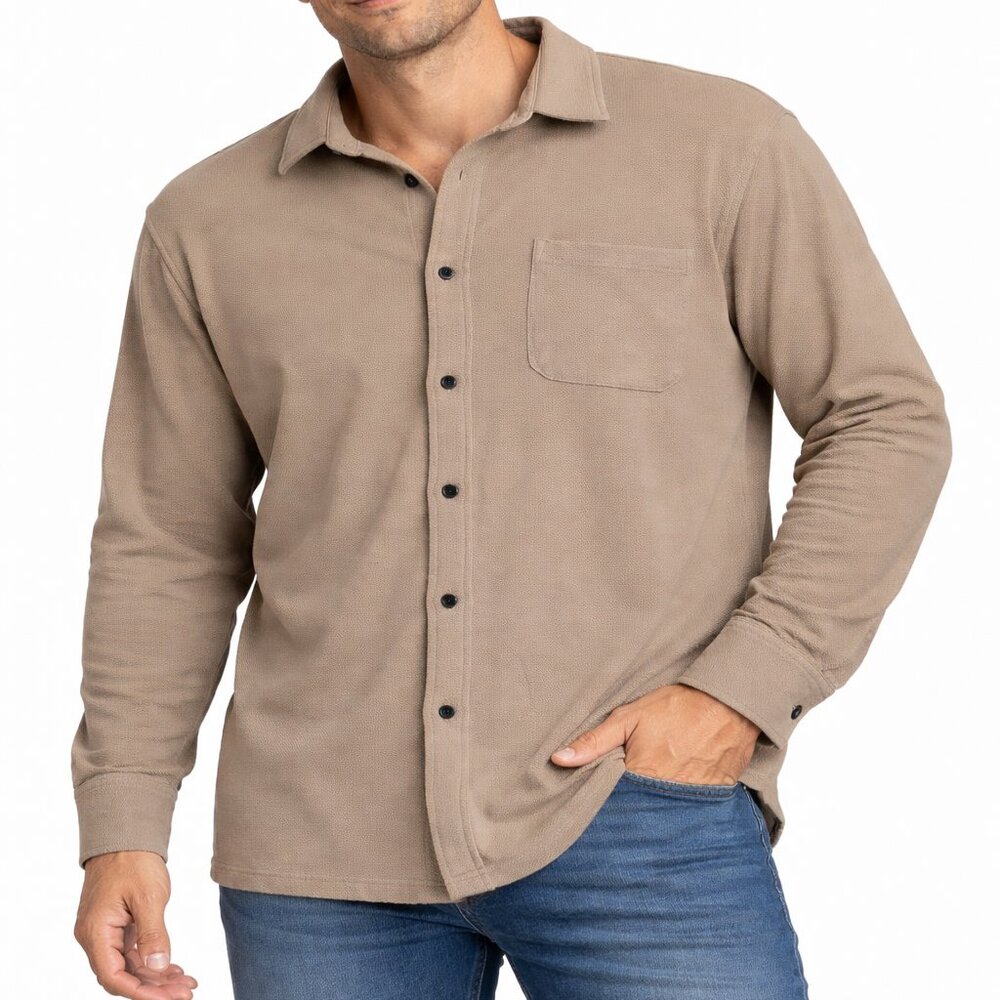 COOFANDY Men Beige Taupe Button Front Long Sleeve‎ Stretch Shirt Pocket Size XL